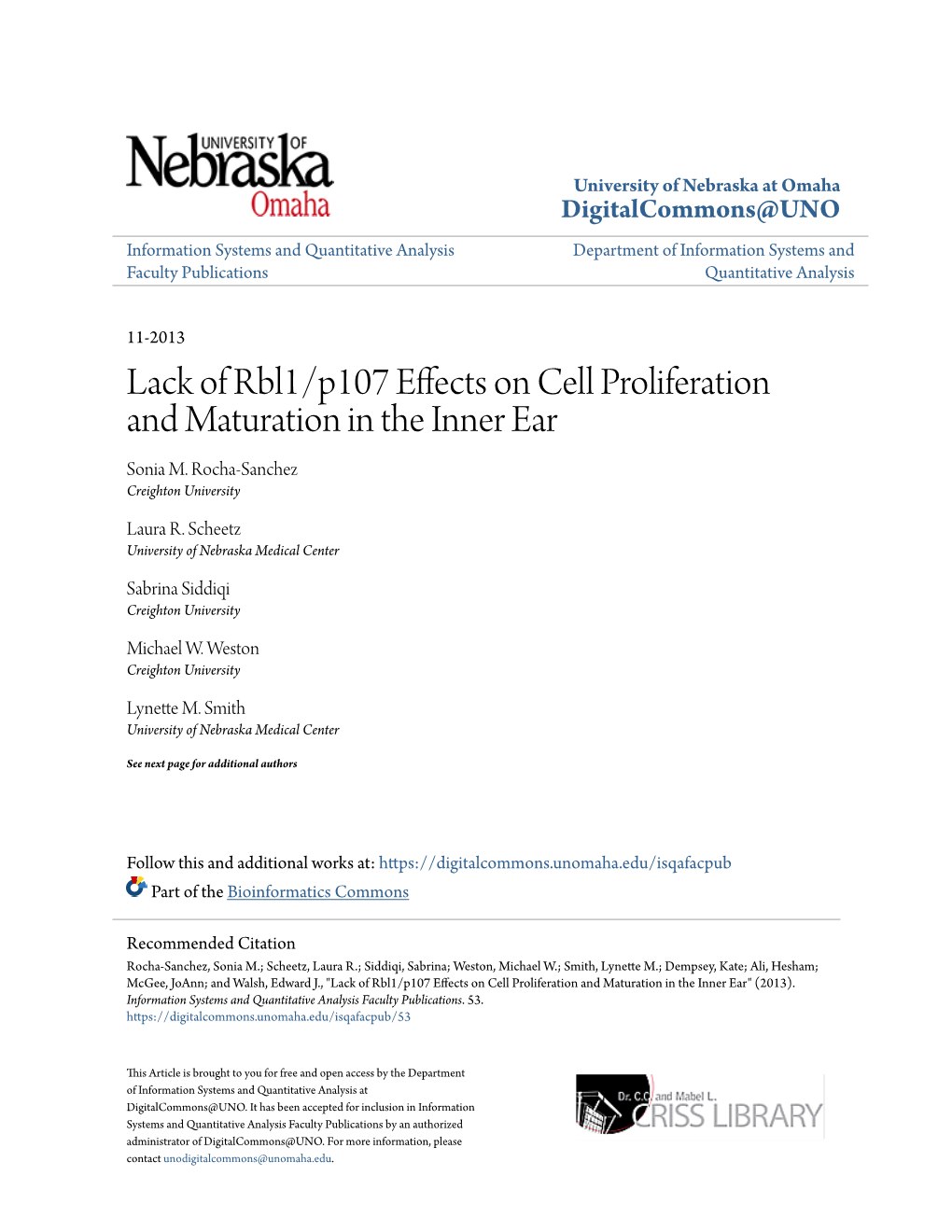 Lack of Rbl1/P107 Effects on Cell Proliferation and Maturation in the Inner Ear Sonia M