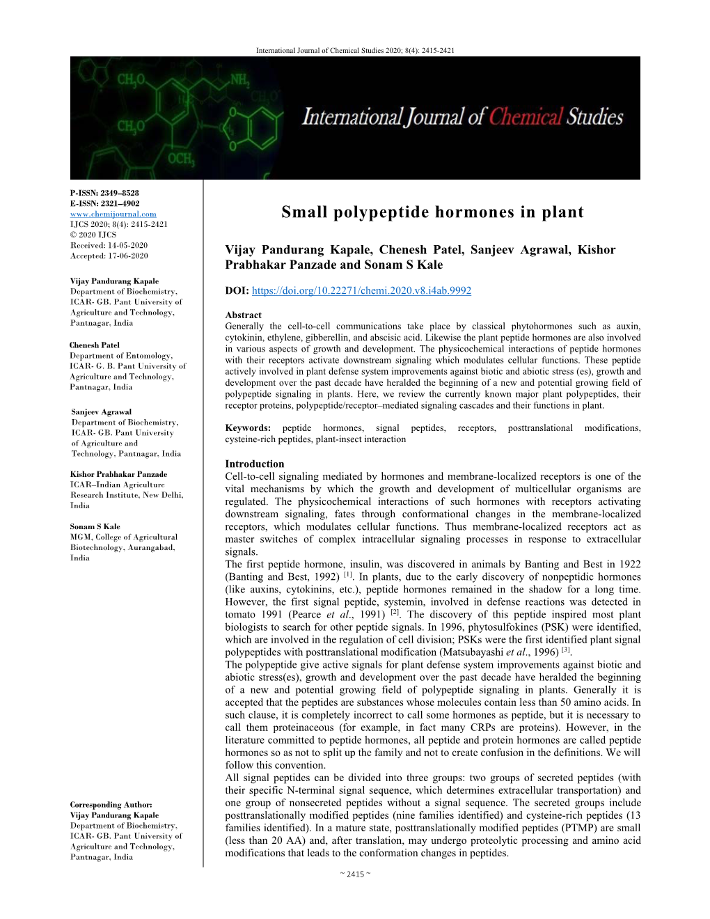 Small Polypeptide Hormones in Plant