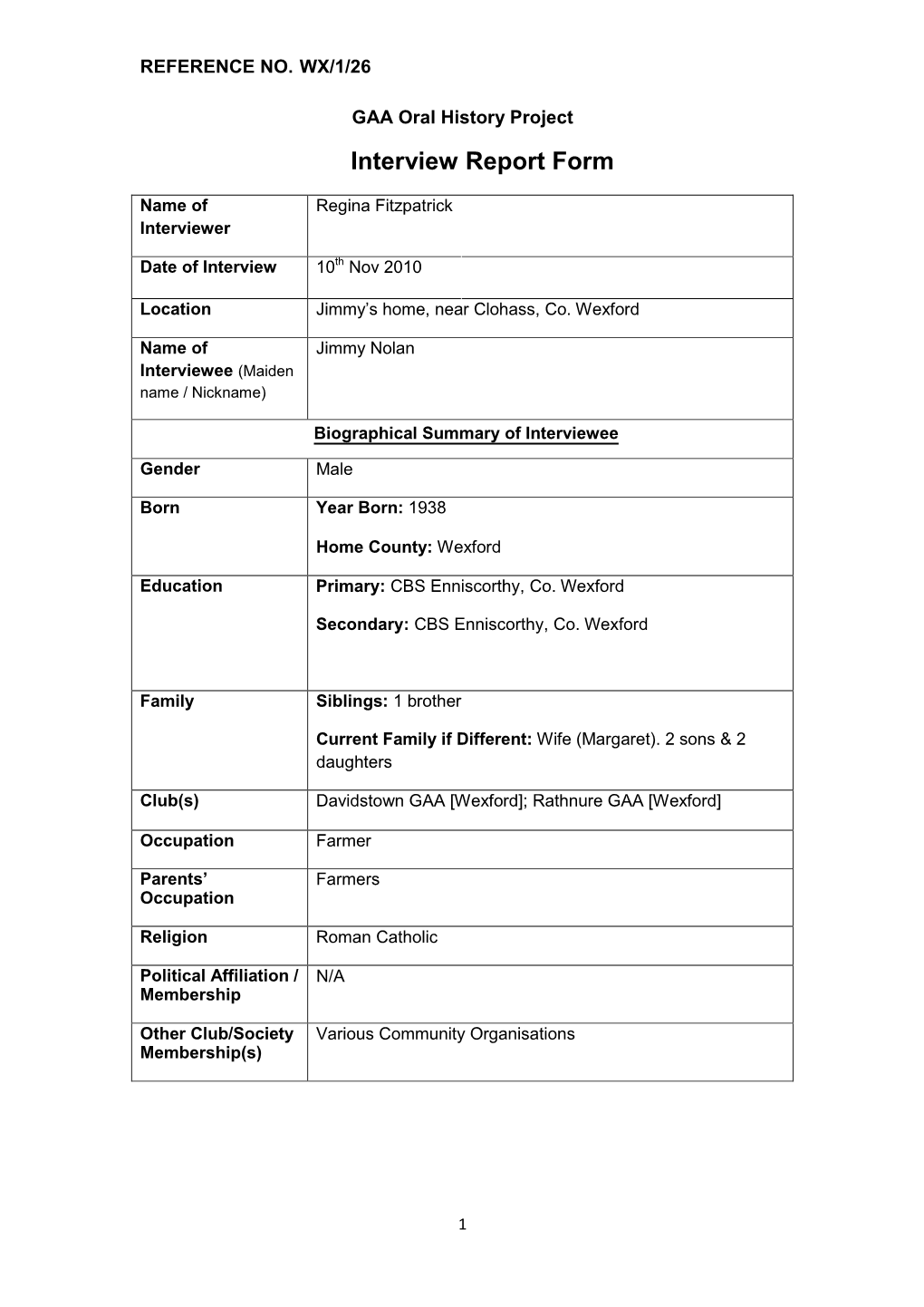 GAA Oral History Project Interview Report Form