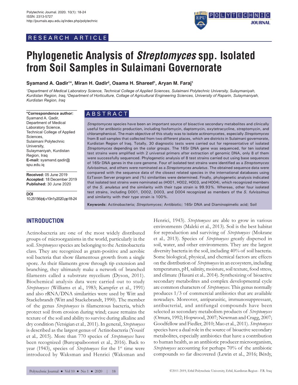 Phylogenetic Analysis of Streptomyces Spp. Isolated from Soil Samples in Sulaimani Governorate
