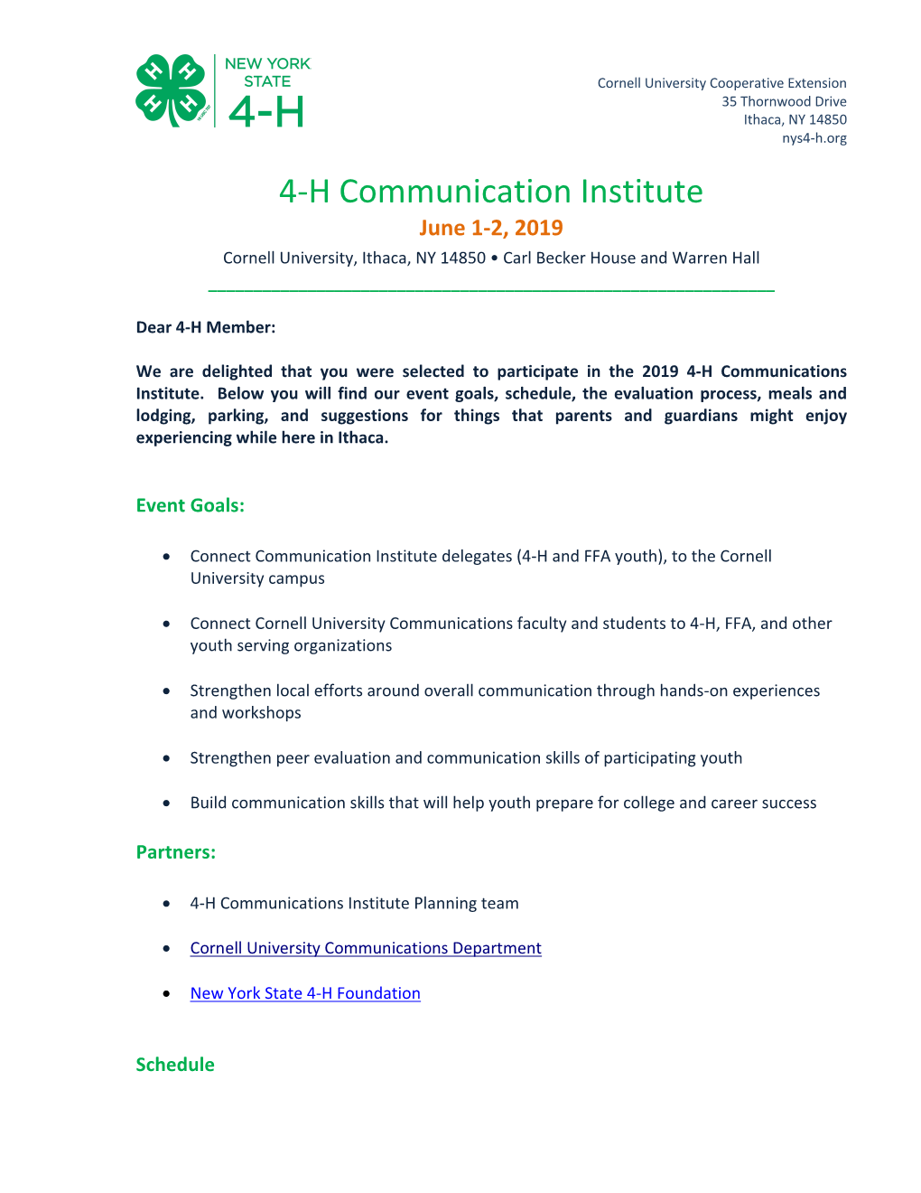 4-H Communication Institute June 1-2, 2019 Cornell University, Ithaca, NY 14850 • Carl Becker House and Warren Hall ______