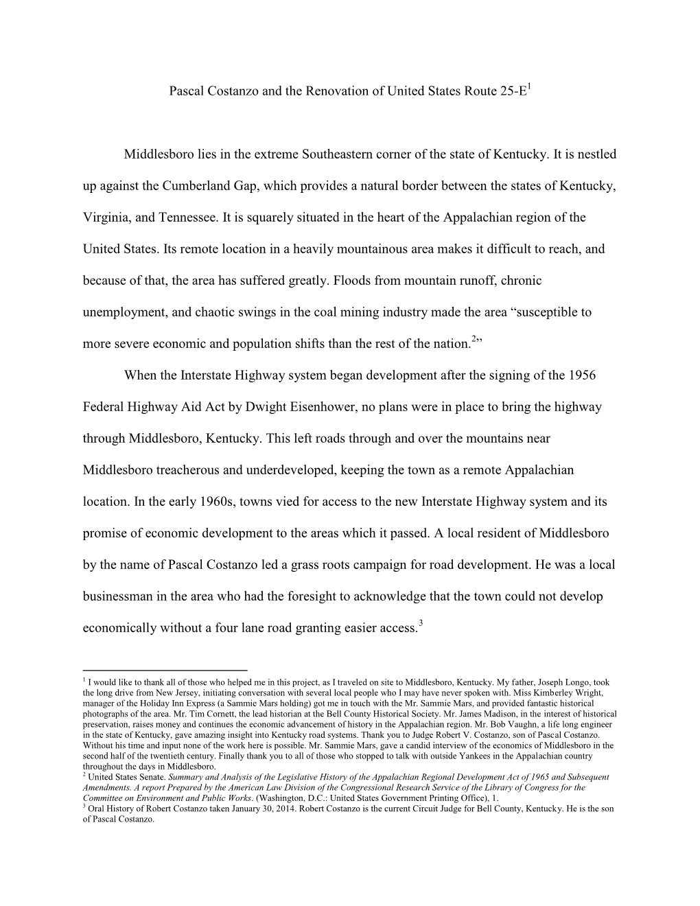 Pascal Costanzo and the Renovation of United States Route 25-E Middlesboro Lies in the Extreme Southeastern Corner of the State