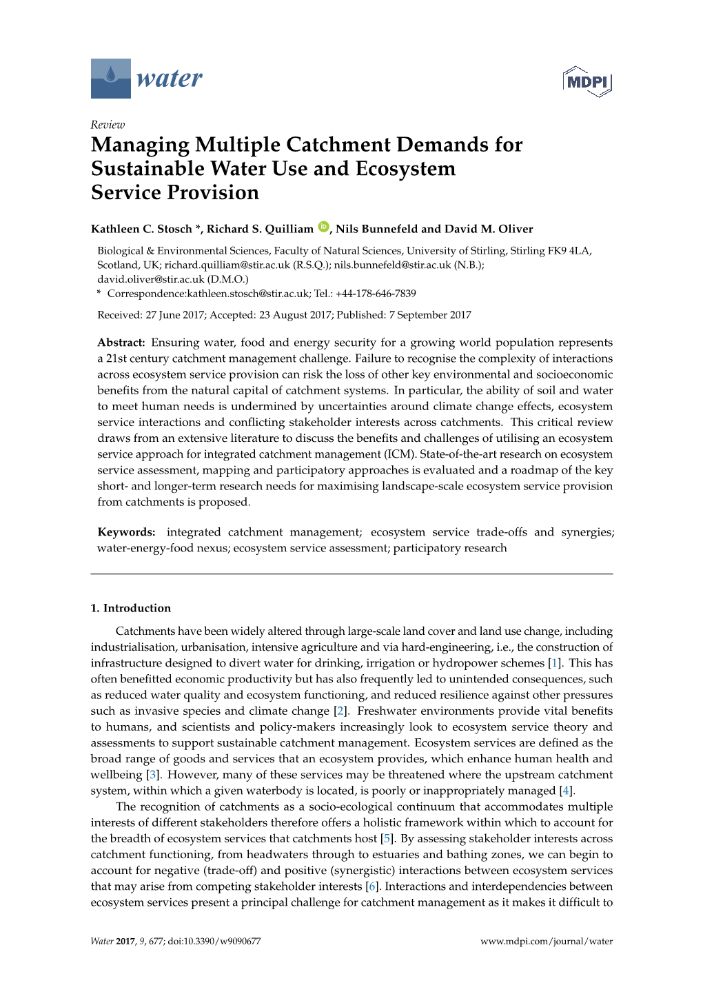 Managing Multiple Catchment Demands for Sustainable Water Use and Ecosystem Service Provision