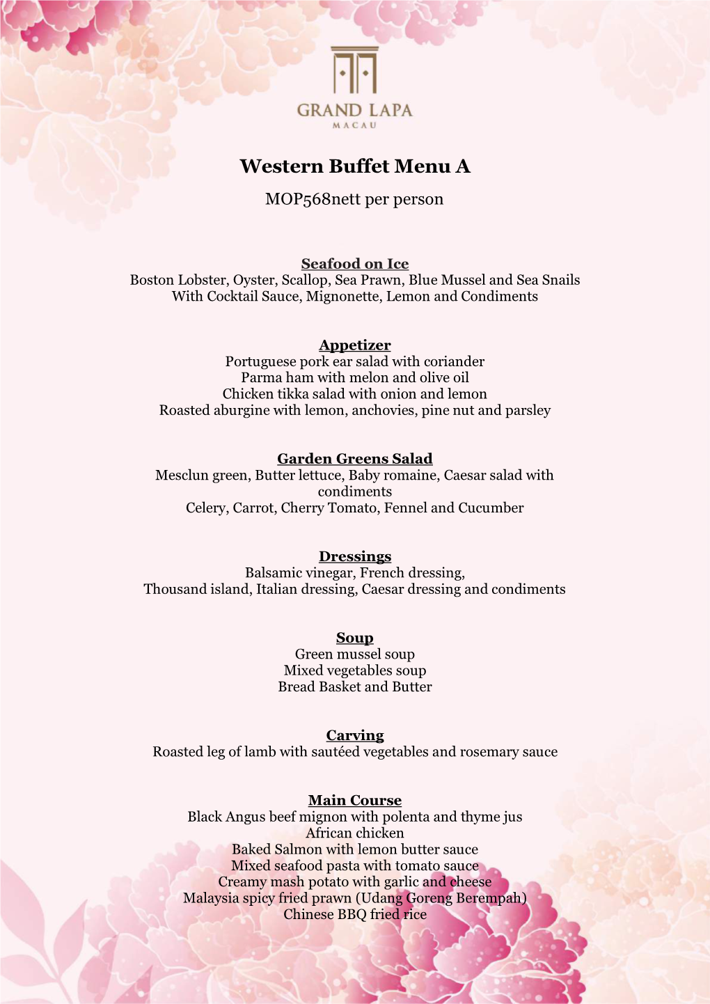 Western Buffet Menu a Mop568nett Per Person