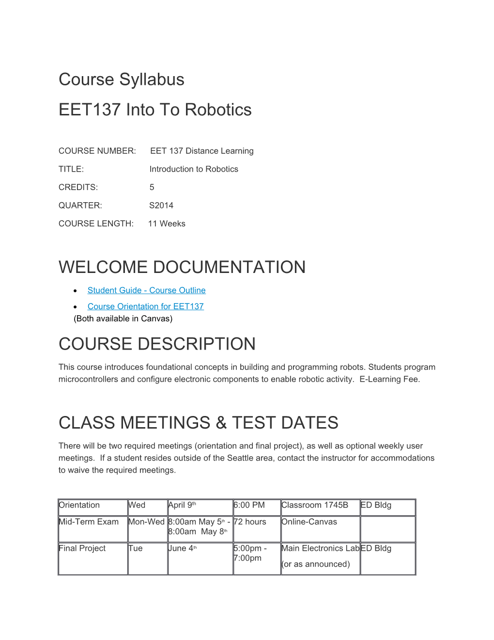 COURSE NUMBER: EET 137 Distance Learning