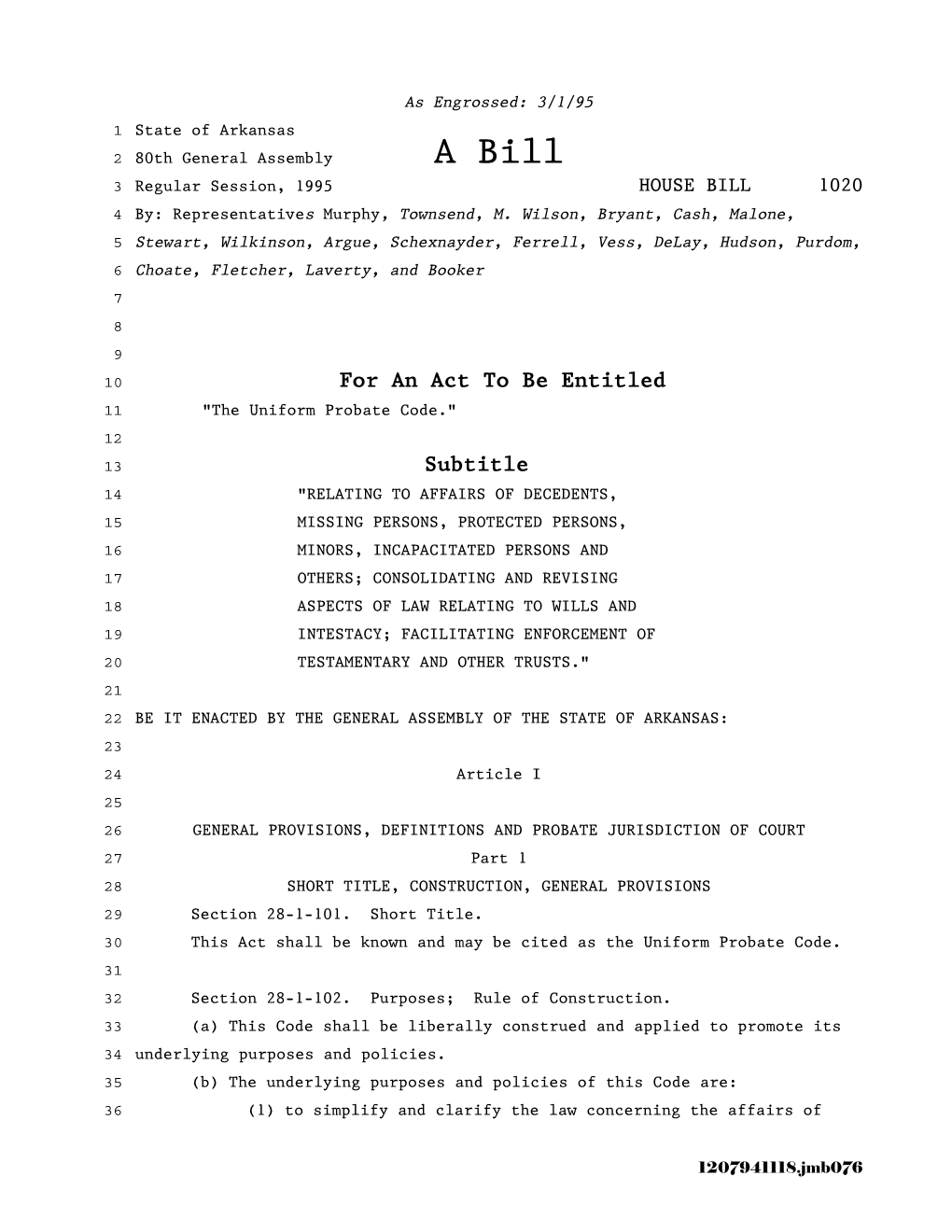 A Bill 3 Regular Session, 1995 HOUSE BILL 1020 4 By: Representatives Murphy, Townsend, M