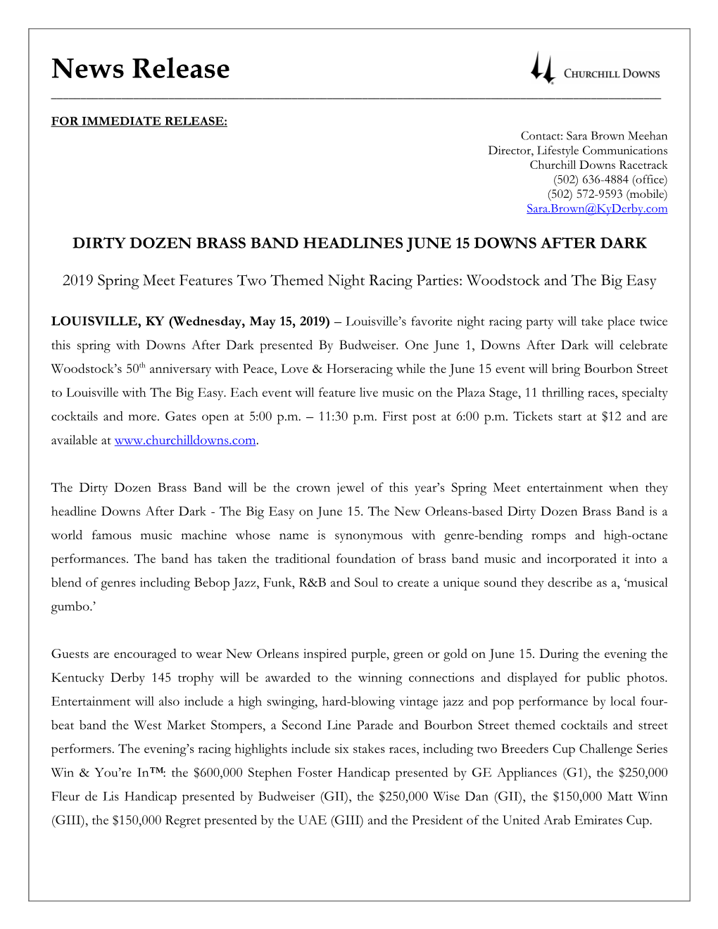 Dirty Dozen Brass Band to Perform at June 15 Downs After Dark