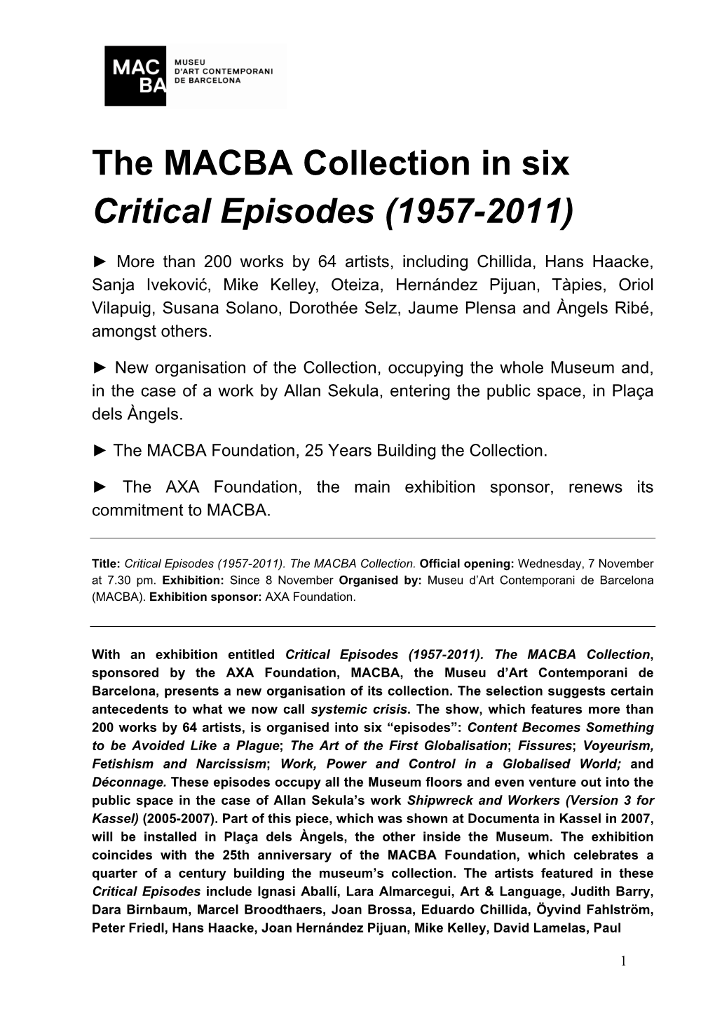 The MACBA Collection in Six Critical Episodes (1957-2011)