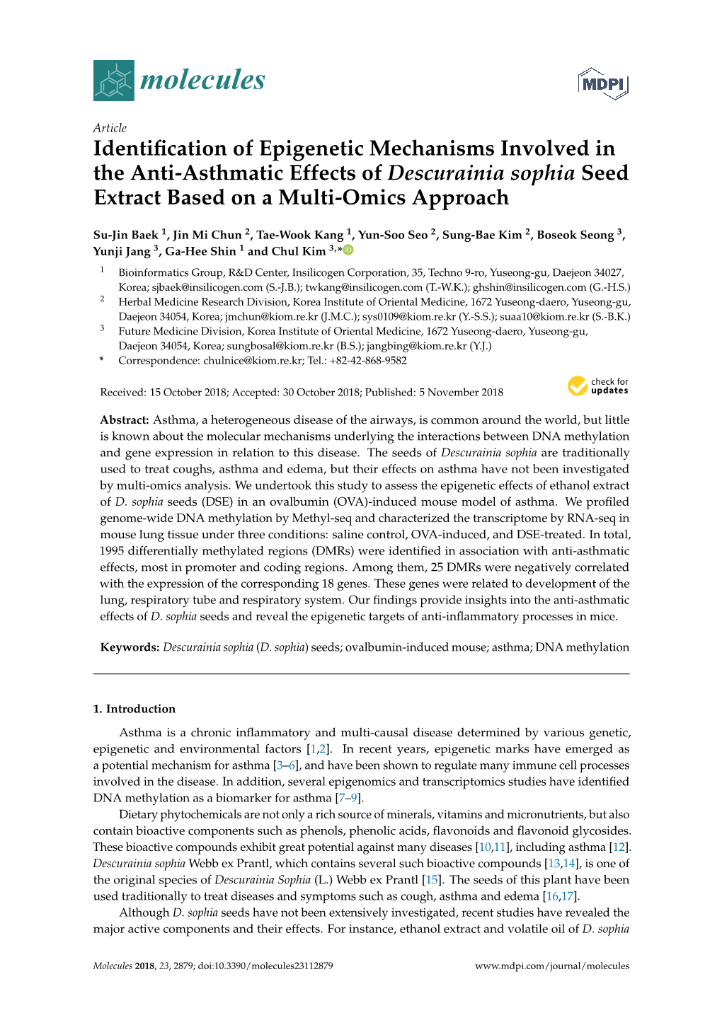 Identification of Epigenetic Mechanisms Involved in the Anti-Asthmatic Effects of Descurainia Sophia Seed Extract Based on a Multi-Omics Approach