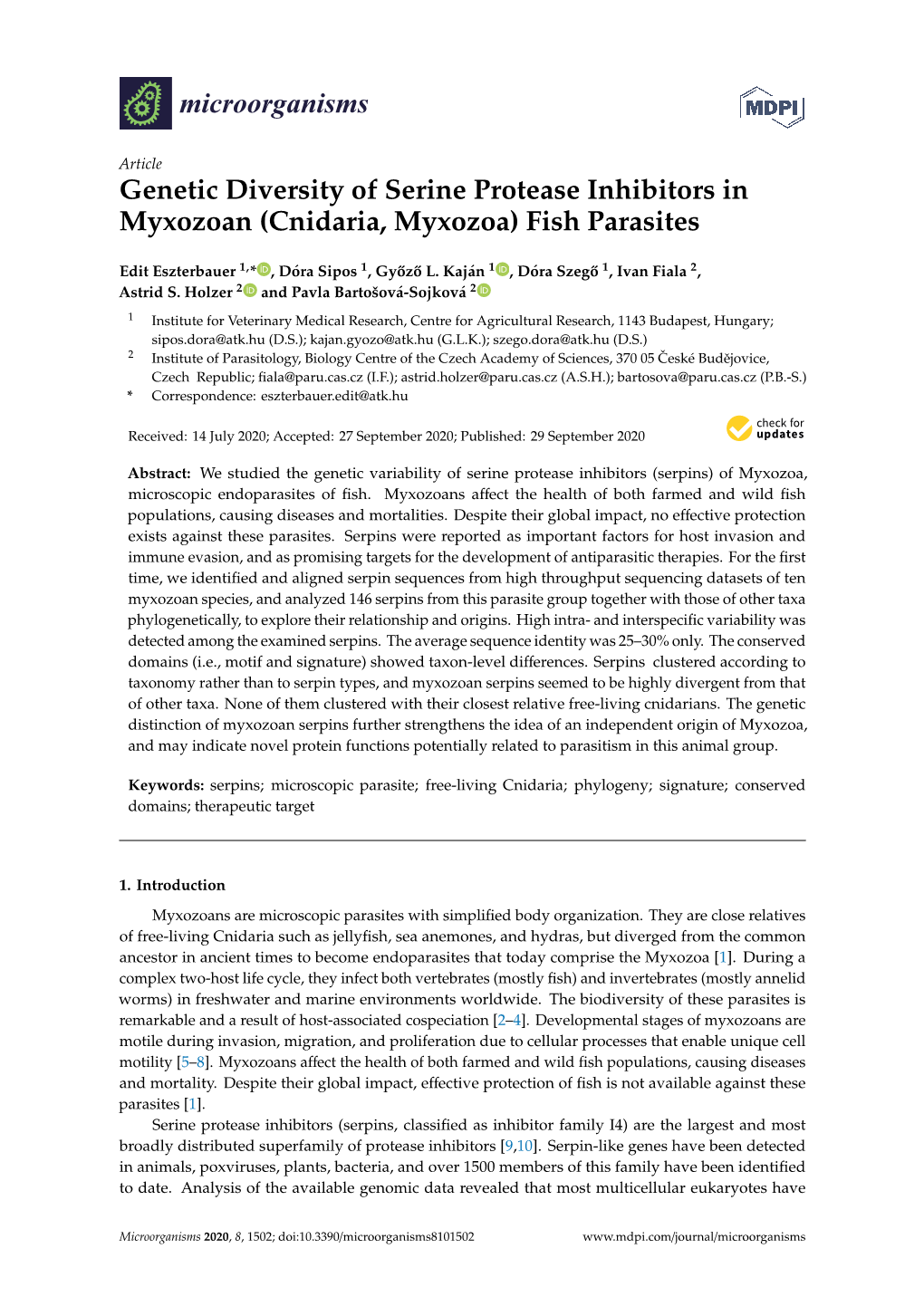 Genetic Diversity of Serine Protease Inhibitors in Myxozoan (Cnidaria, Myxozoa) Fish Parasites