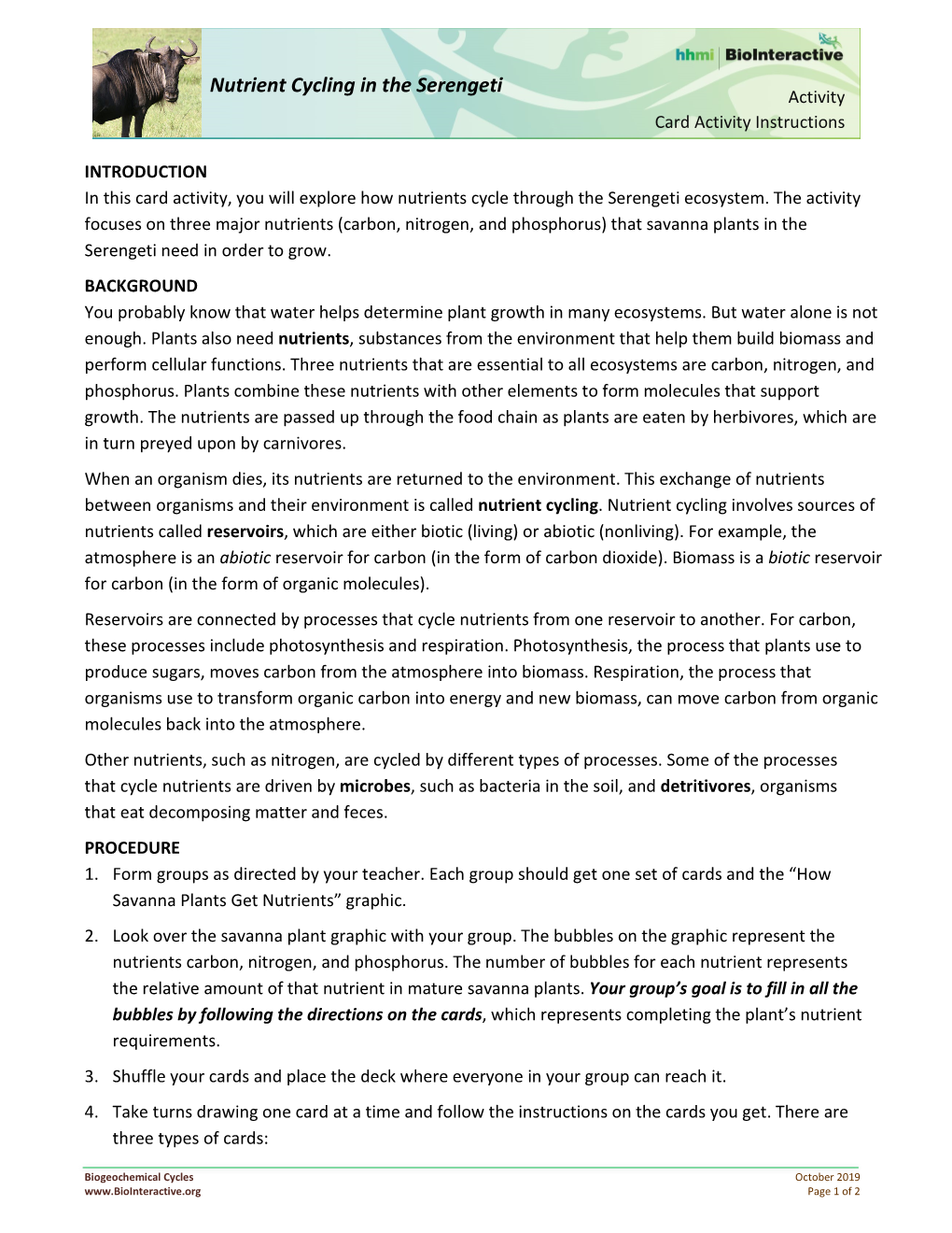 Nutrient Cycling in the Serengeti Instructions