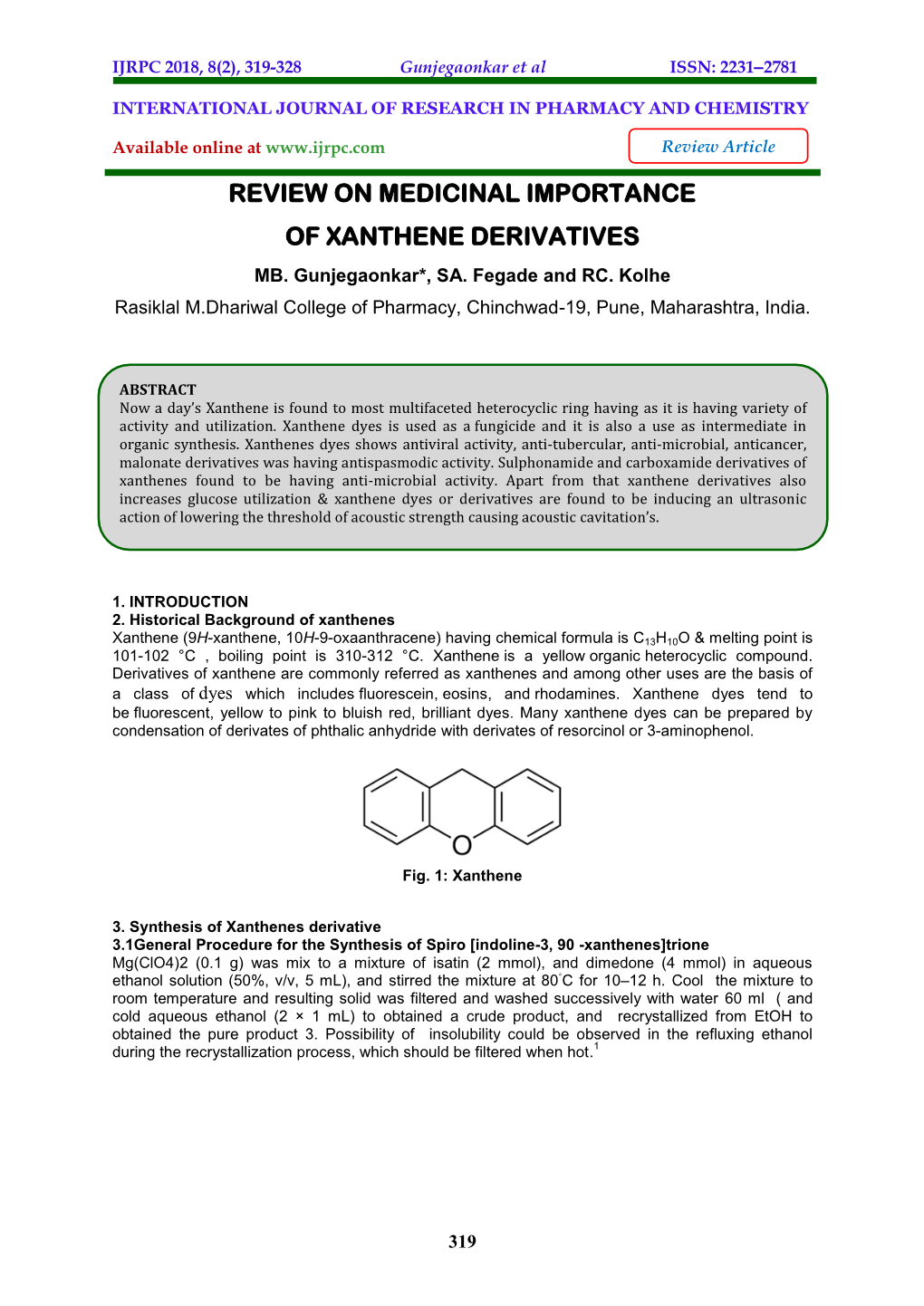 Review on Medicinal Importance of Xanthene Derivatives Mb