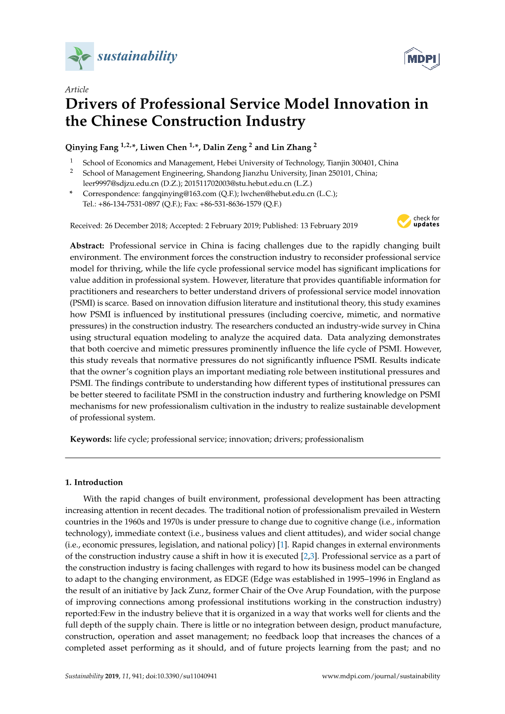 Drivers of Professional Service Model Innovation in the Chinese Construction Industry