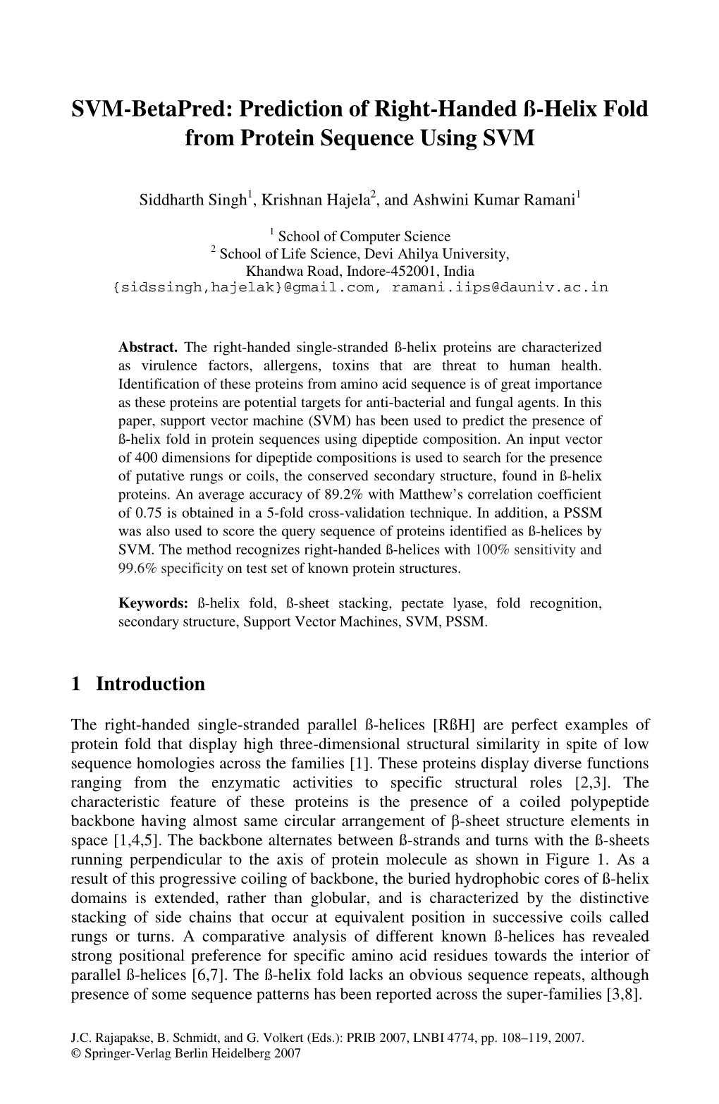 SVM-Betapred: Prediction of Right-Handed ß-Helix Fold from Protein Sequence Using SVM