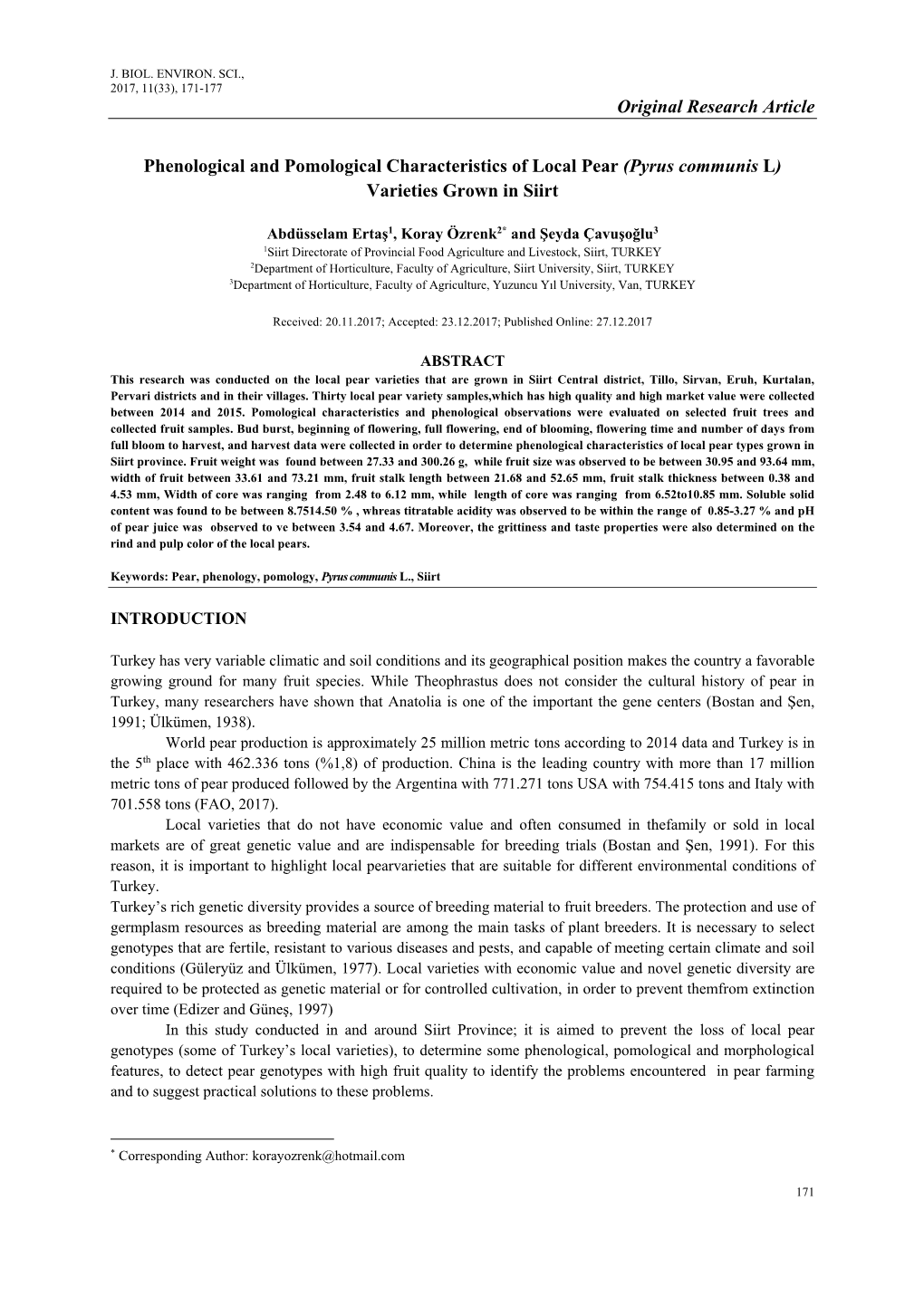 Phenological and Pomological Characteristics of Local Pear (Pyrus Communis L) Varieties Grown in Siirt