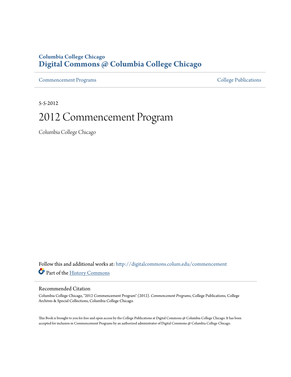 2012 Commencement Program Columbia College Chicago