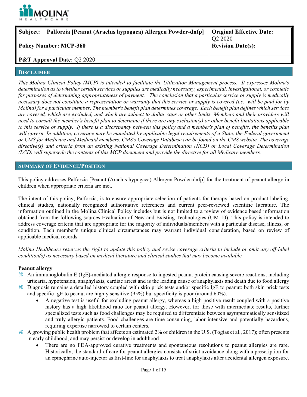 Peanut (Arachis Hypogaea) Allergen Powder-Dnfp] Original Effective Date: Q2 2020 Policy Number: MCP-360 Revision Date(S)