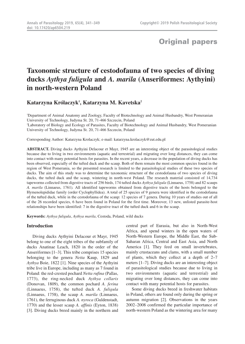 Taxonomic Structure of Cestodofauna of Two Species of Diving Ducks Aythya Fuligula and A