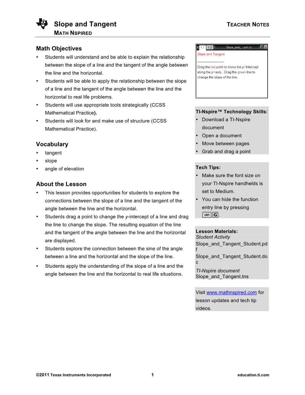 Slope and Tangent TEACHER NOTES MATH NSPIRED