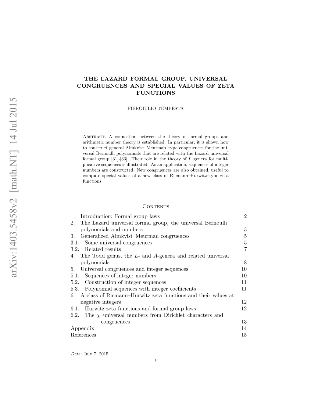 Arxiv:1403.5458V2 [Math.NT] 14 Jul 2015 ..Sqecso Nee Ubr 10 11 11 10 Value Their and Functions Zeta Riemann–Hurwitz of Class Coeﬃcients a Integer with Sequences 6