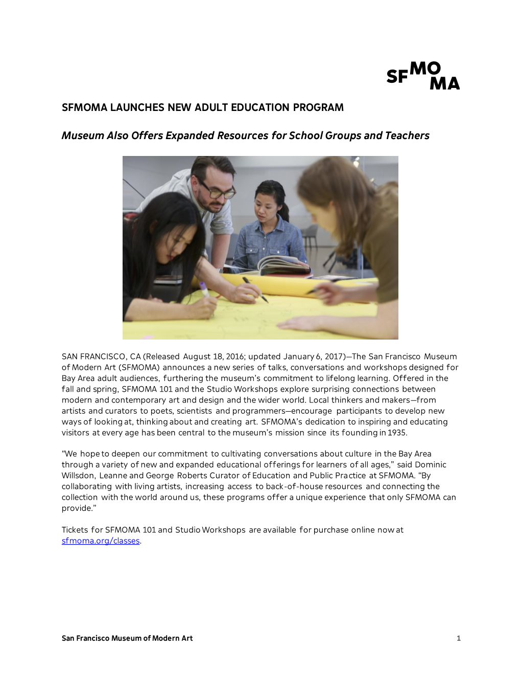 SFMOMA LAUNCHES NEW ADULT EDUCATION PROGRAM Museum