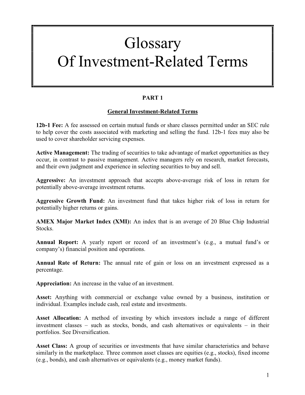 Glossary of Investment-Related Terms