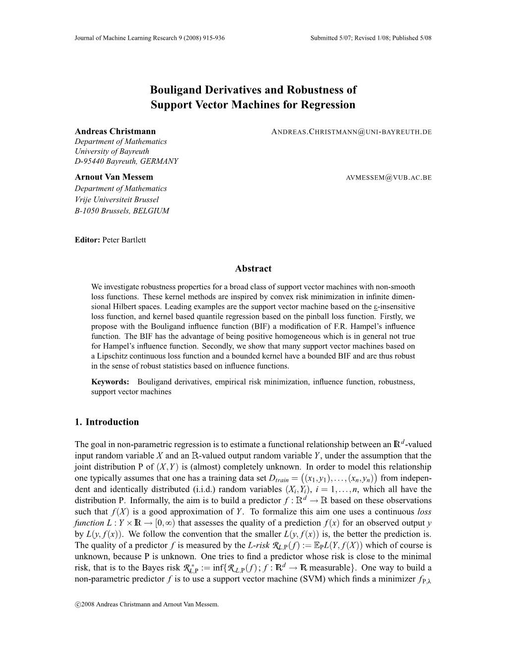 Bouligand Derivatives and Robustness of Support Vector Machines for Regression