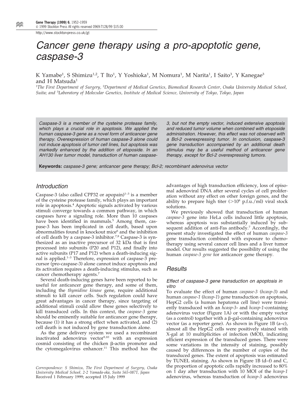 Cancer Gene Therapy Using a Pro-Apoptotic Gene, Caspase-3