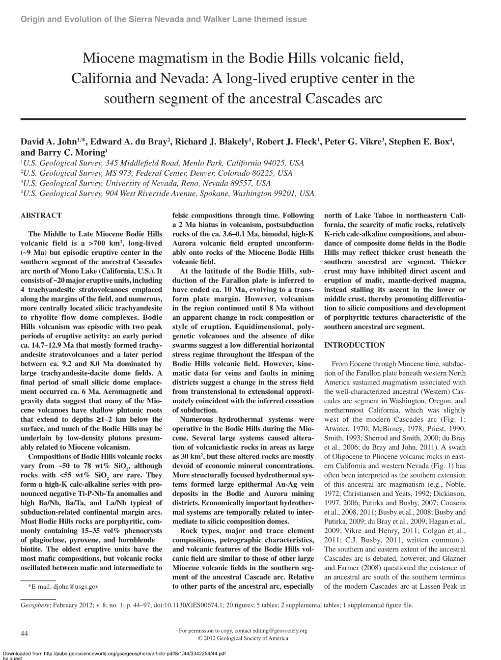 Miocene Magmatism in the Bodie Hills Volcanic Field, California and Nevada