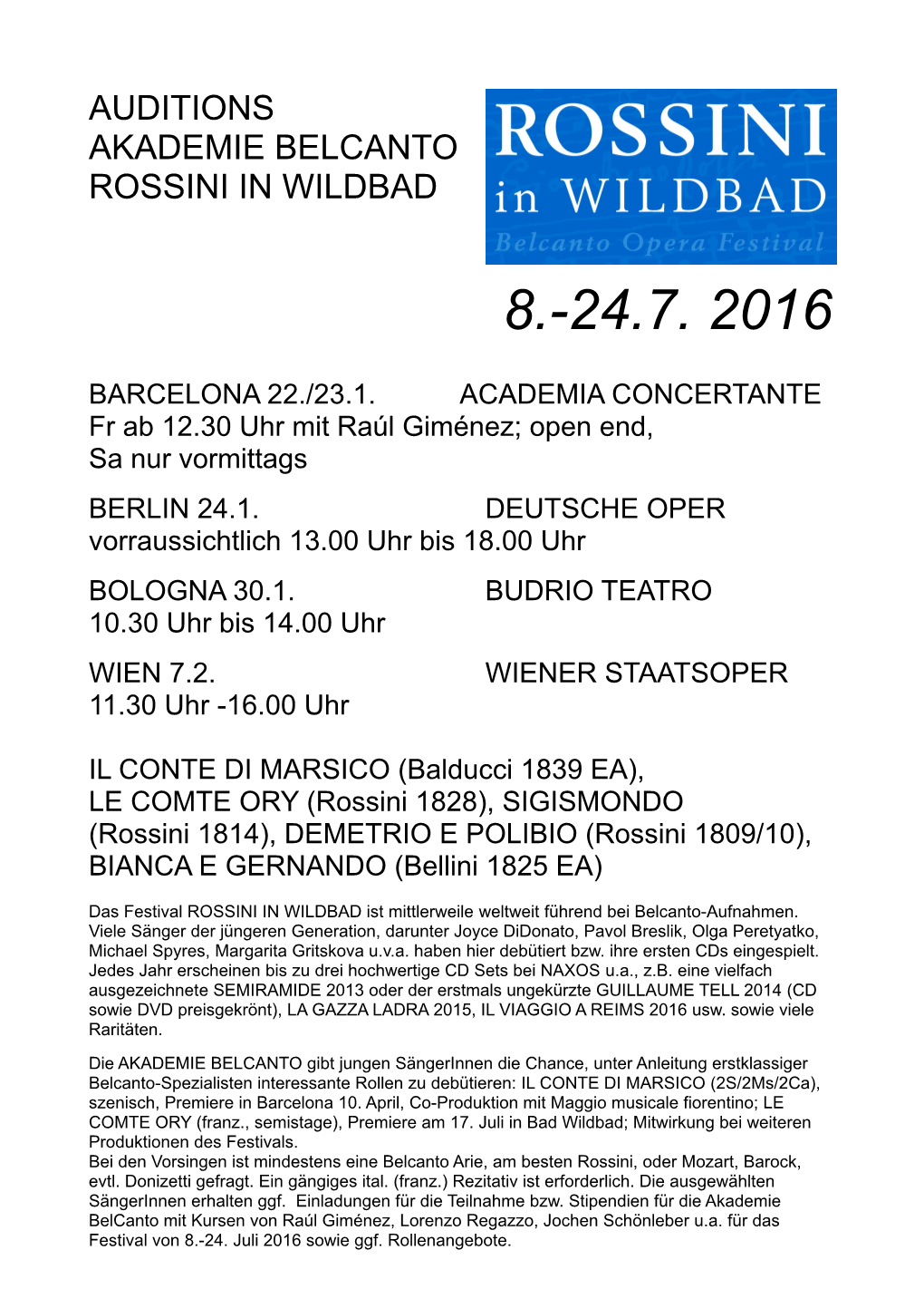 Auditions Akademie Belcanto Rossini in Wildbad