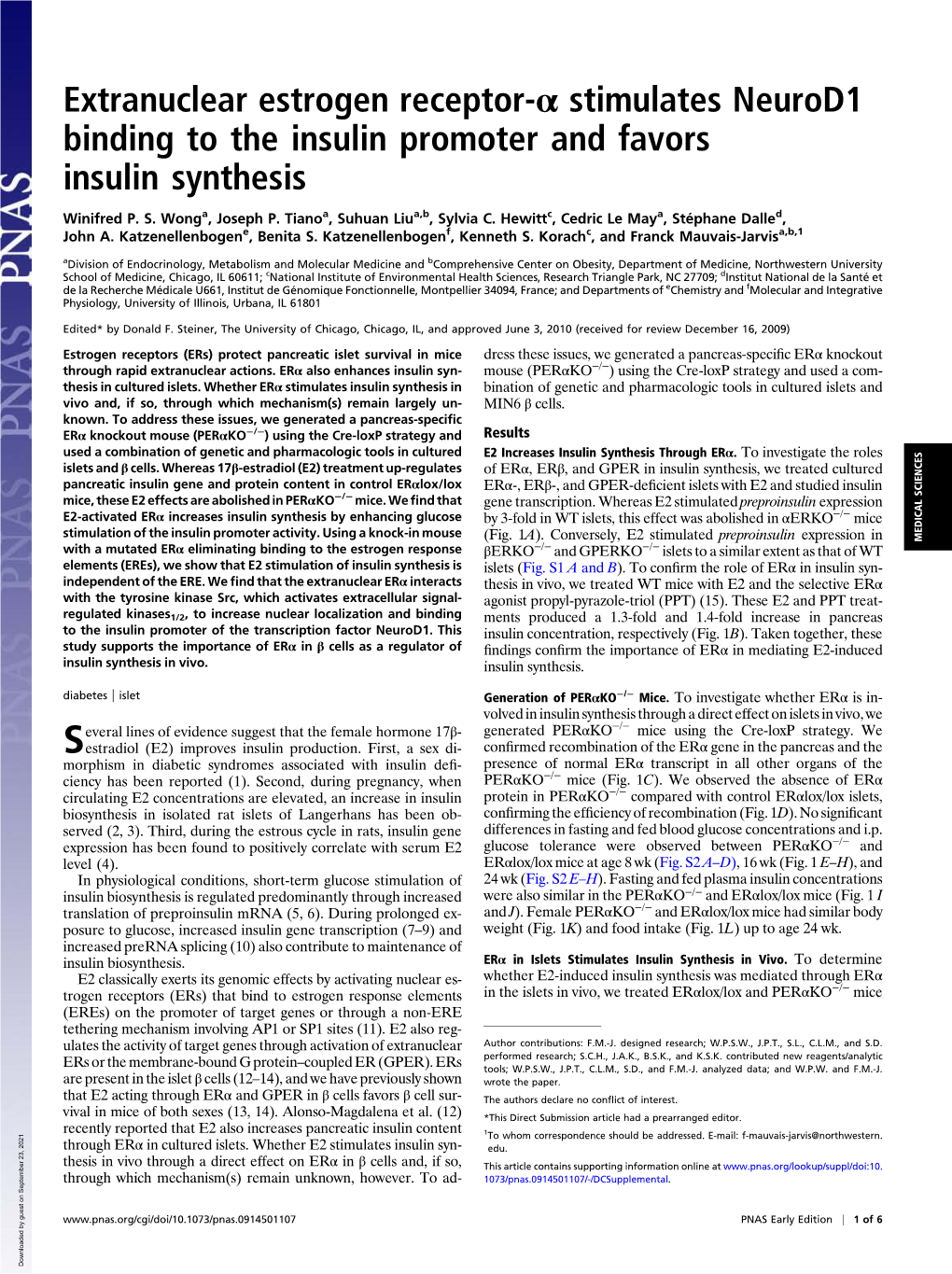 Extranuclear Estrogen Receptor-Α Stimulates Neurod1 Binding to the Insulin Promoter and Favors Insulin Synthesis