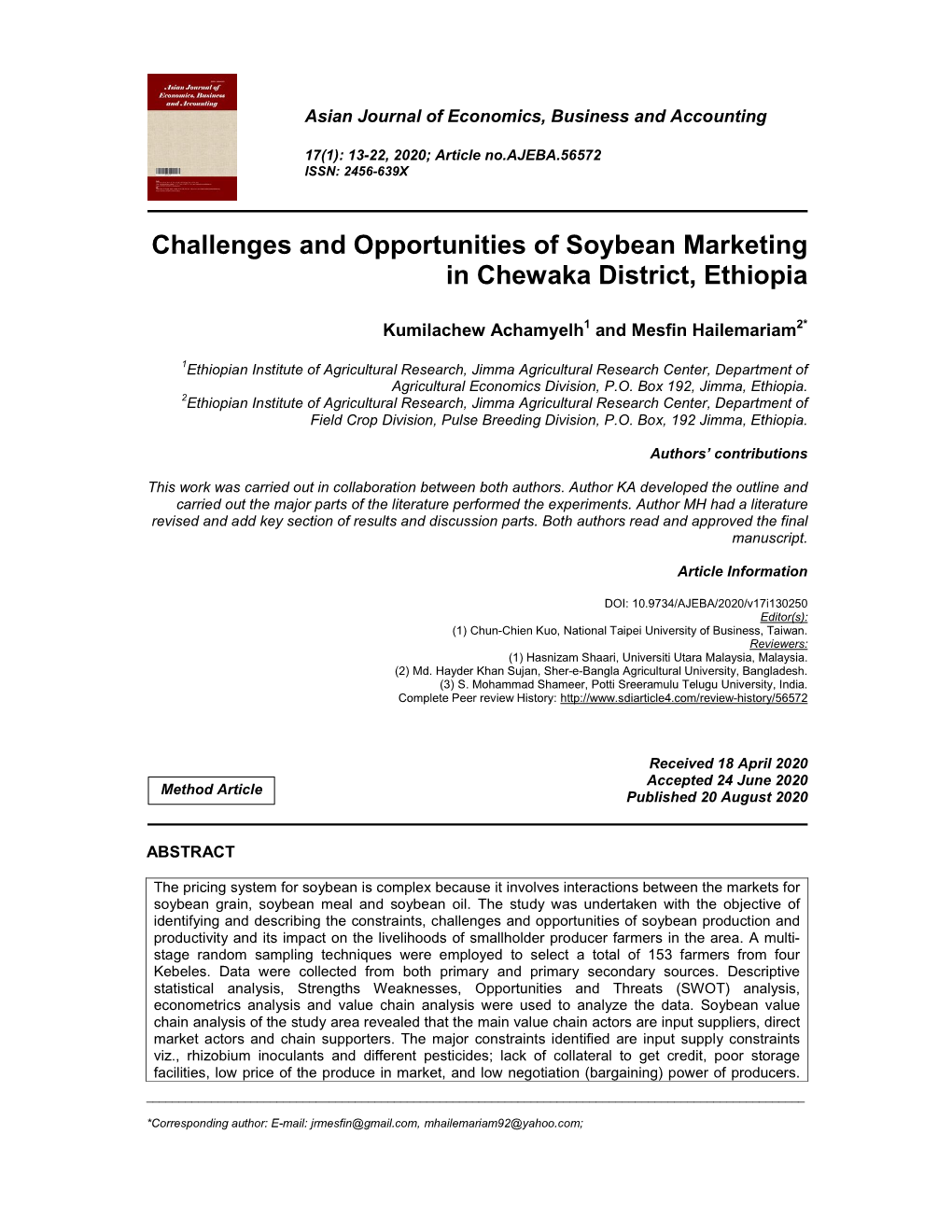 Challenges and Opportunities of Soybean Marketing in Chewaka District, Ethiopia