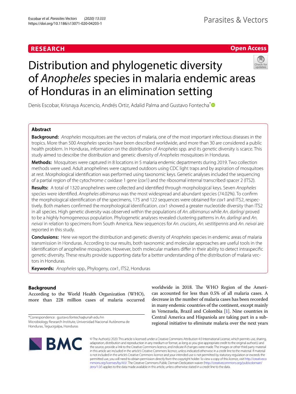 Distribution and Phylogenetic Diversity of Anopheles Species in Malaria