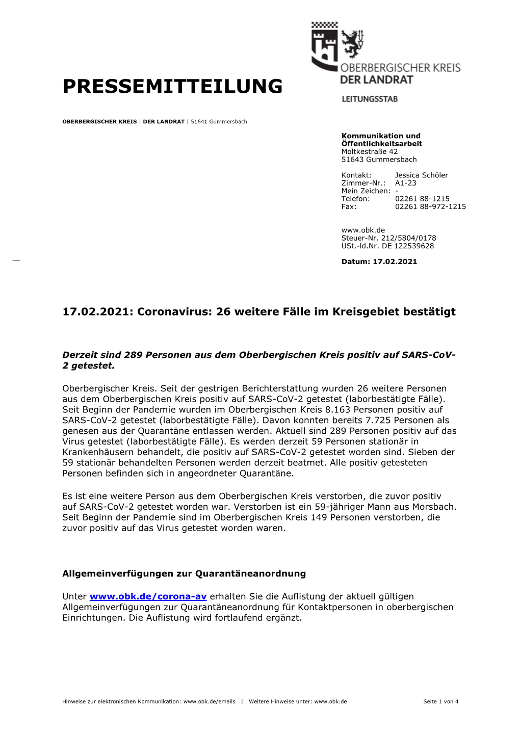 17.02.2021: Coronavirus: 26 Weitere Fälle Im Kreisgebiet Bestätigt