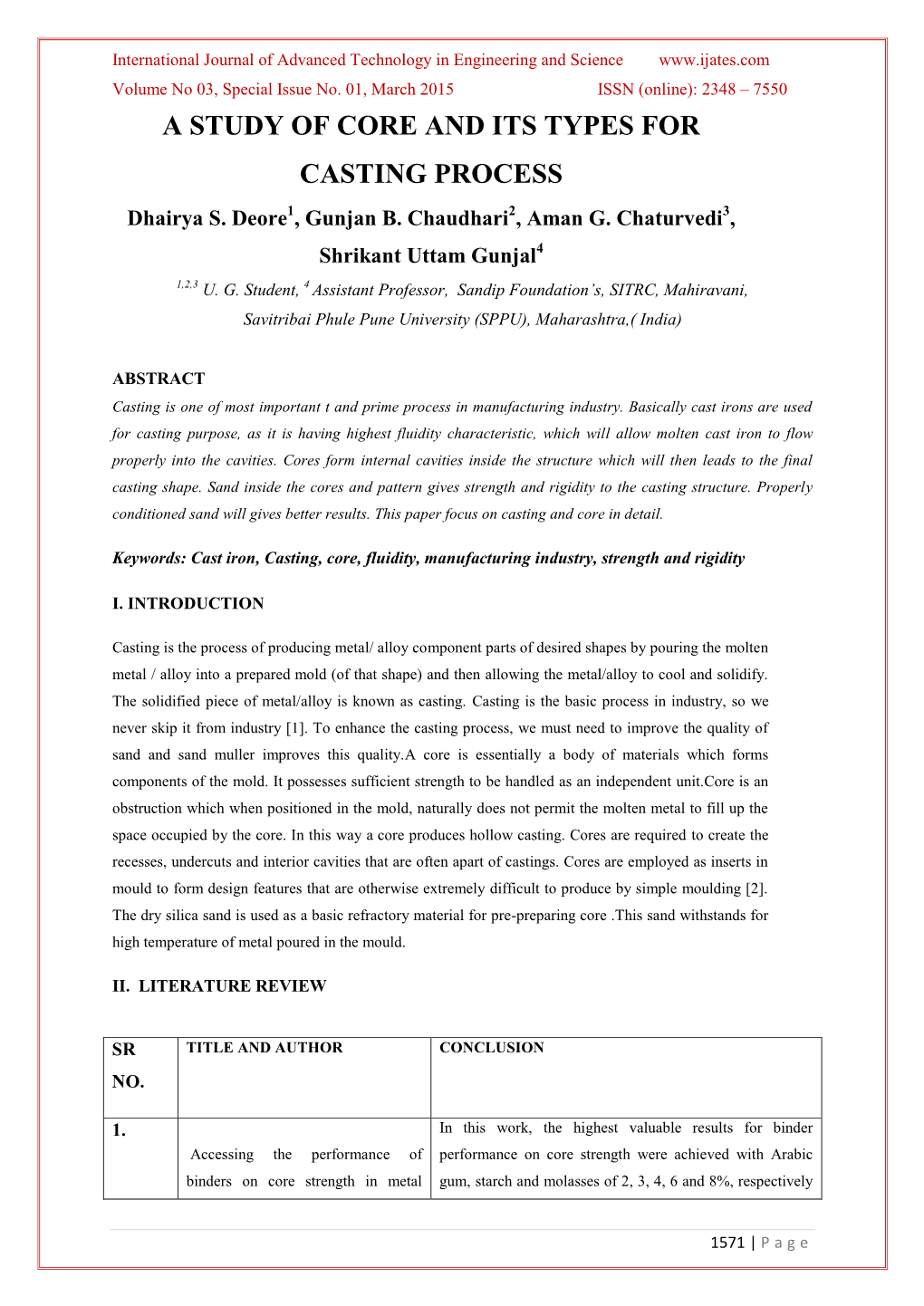 A Study of Core and Its Types for Casting Process