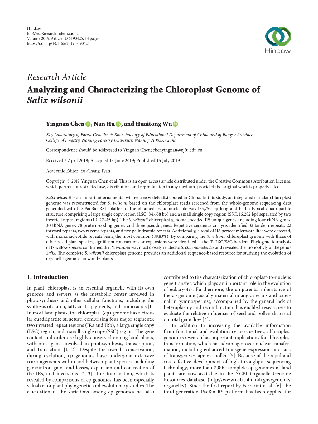 Analyzing and Characterizing the Chloroplast Genome of Salix Wilsonii