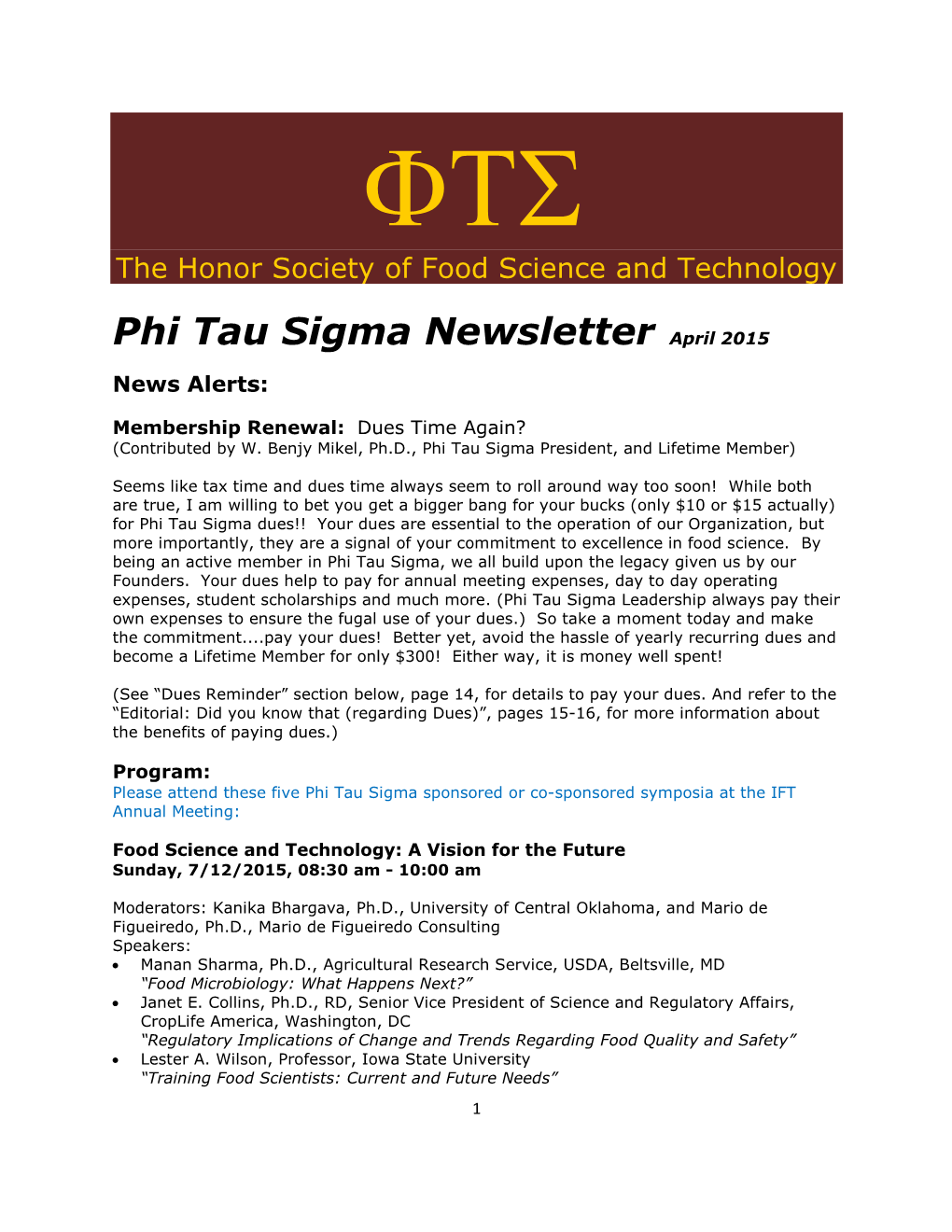 Phi Tau Sigma Newsletter April 2015