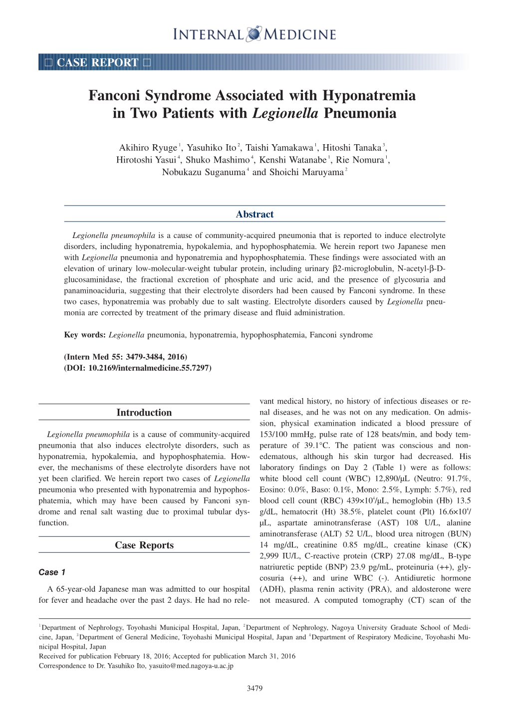 Fanconi Syndrome Associated with Hyponatremia in Two Patients with Legionella Pneumonia