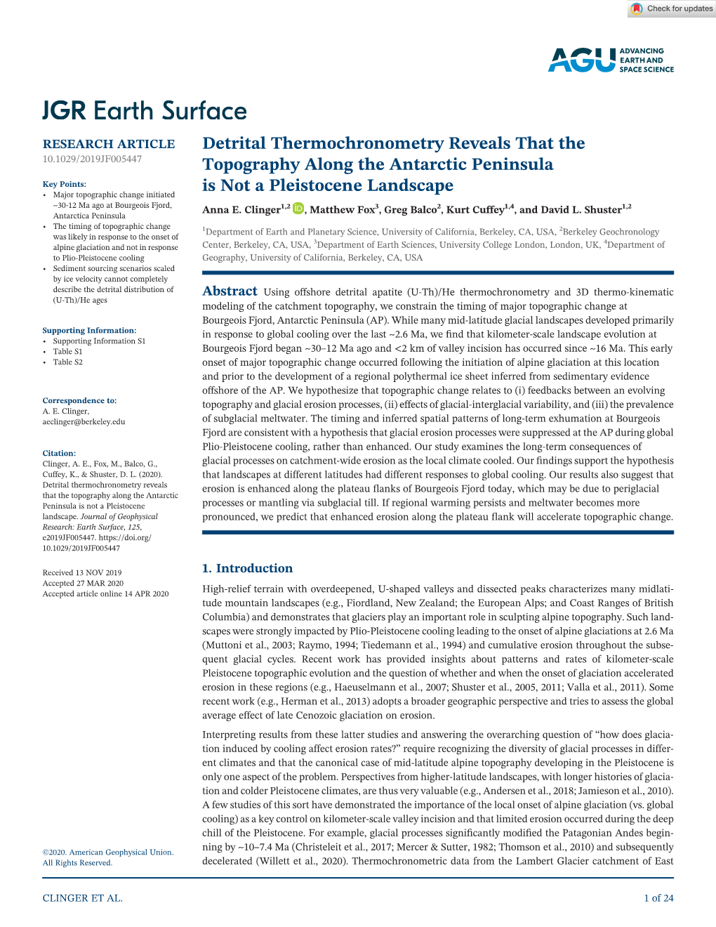 Detrital Thermochronometry Reveals That the Topography Along the Antarctic Peninsula Is Not a Pleistocene Landscape