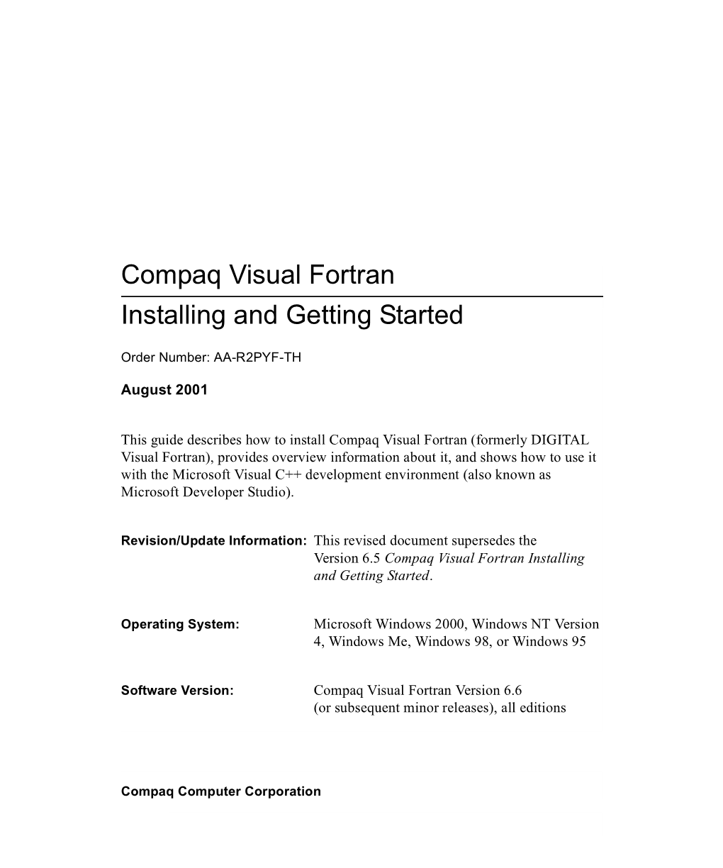 Compaq Visual Fortran Installing and Getting Started