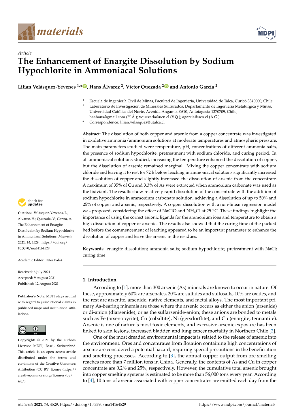 The Enhancement of Enargite Dissolution by Sodium Hypochlorite in Ammoniacal Solutions