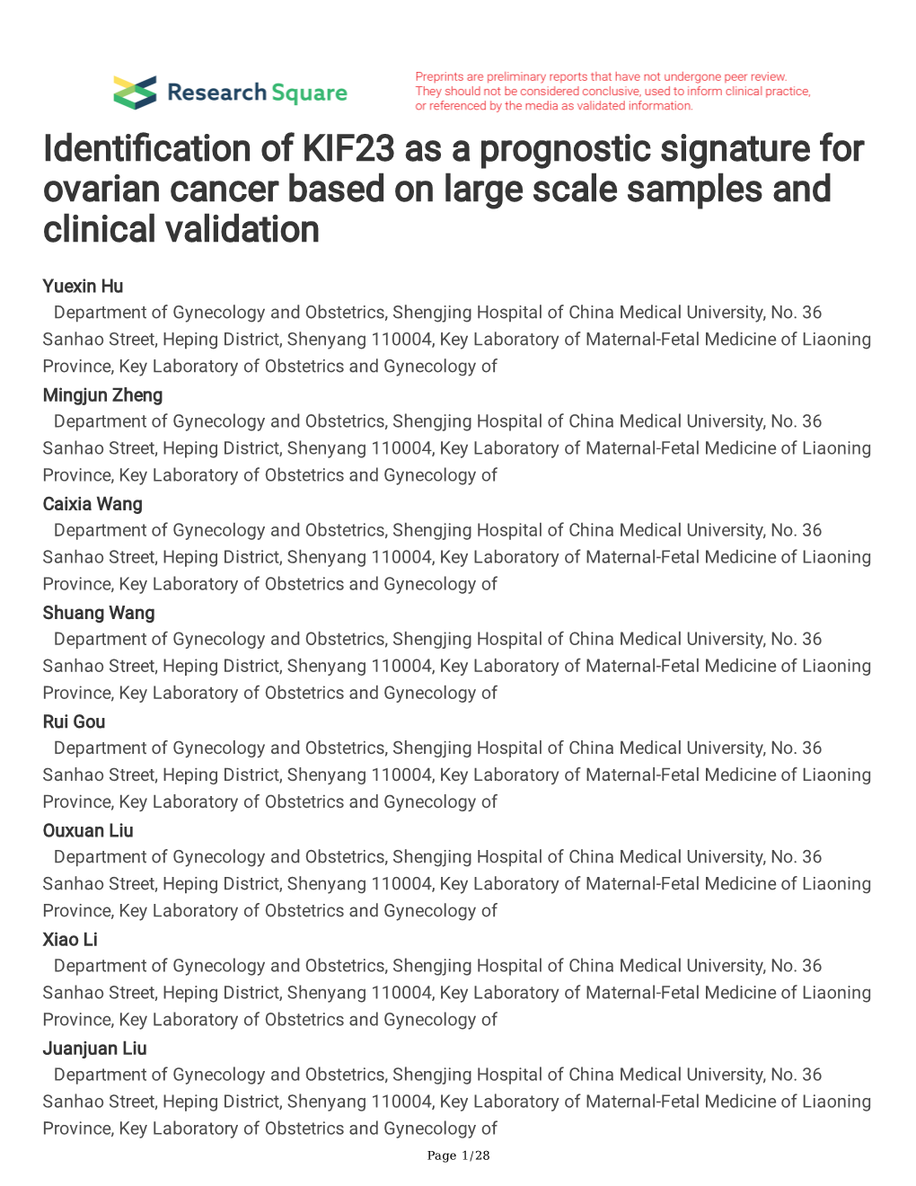 Identification of KIF23 As a Prognostic Signature for Ovarian Cancer Based