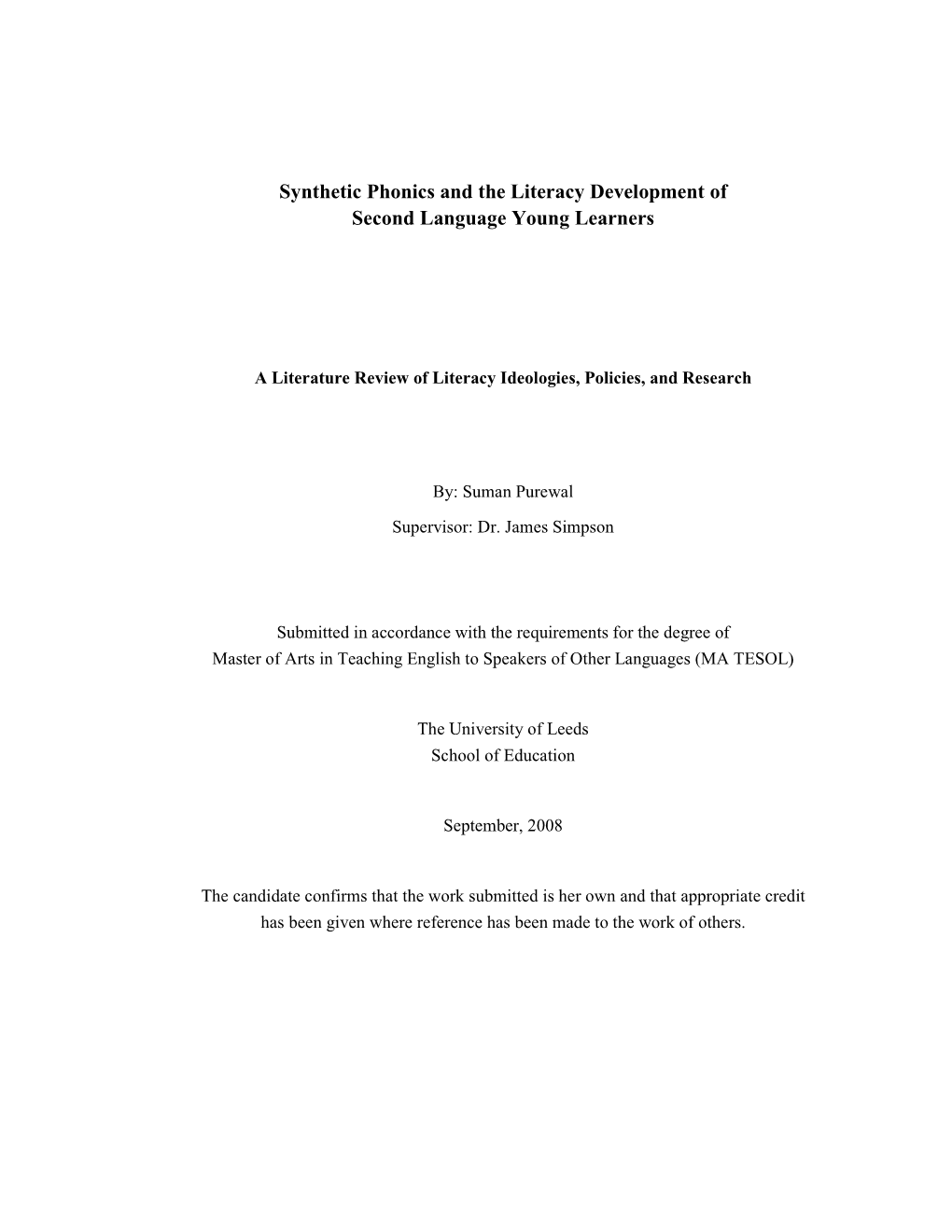 Synthetic Phonics and the Literacy Development of Second Language Young Learners