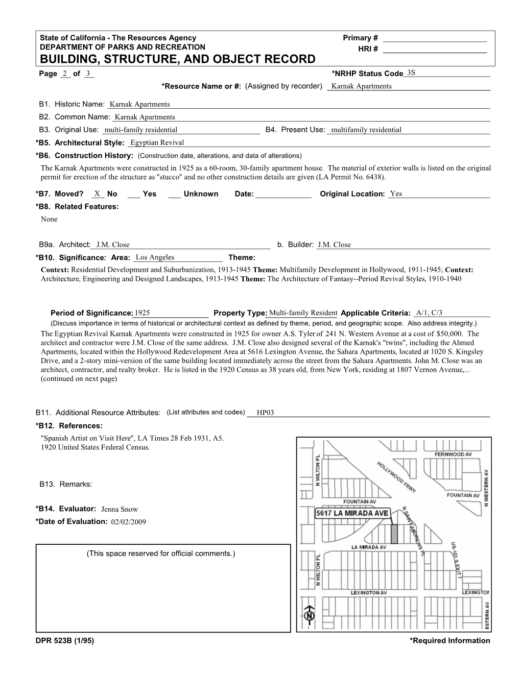 BUILDING, STRUCTURE, and OBJECT RECORD Page23 of *NRHP Status Code 3S *Resource Name Or #: (Assigned by Recorder) Karnak Apartments