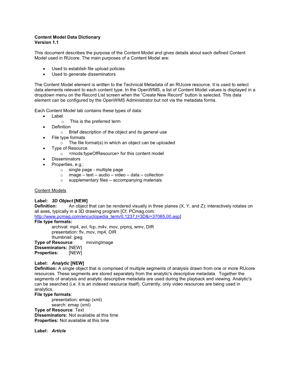 Content Model Data Dictionary Version 1.1 This Document