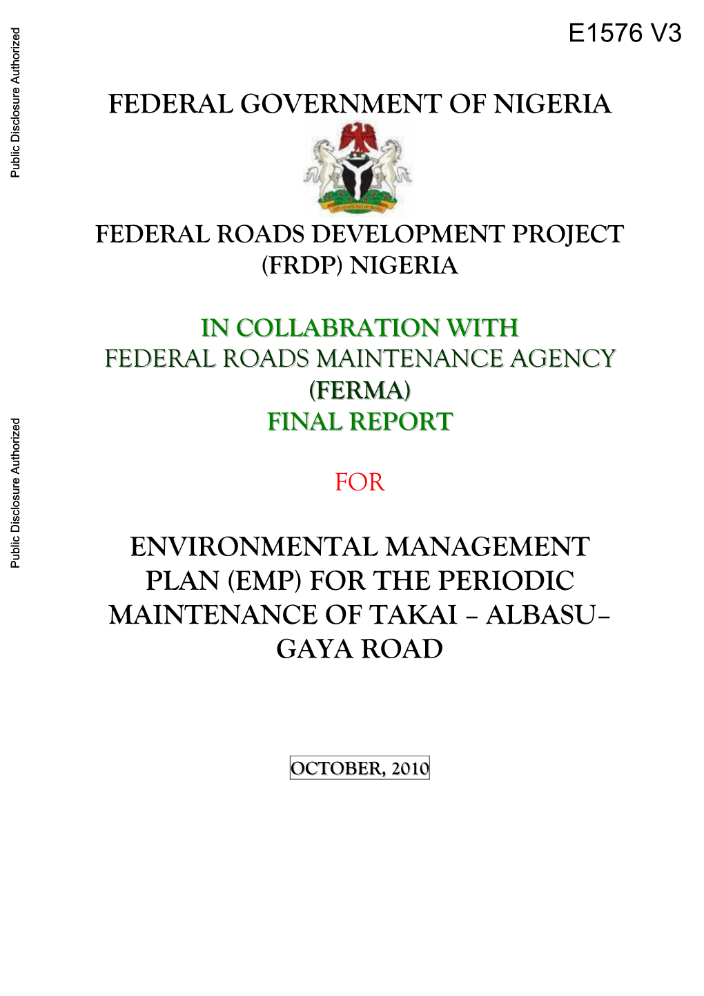 FEDERAL GOVERNMENT of NIGERIA Public Disclosure Authorized