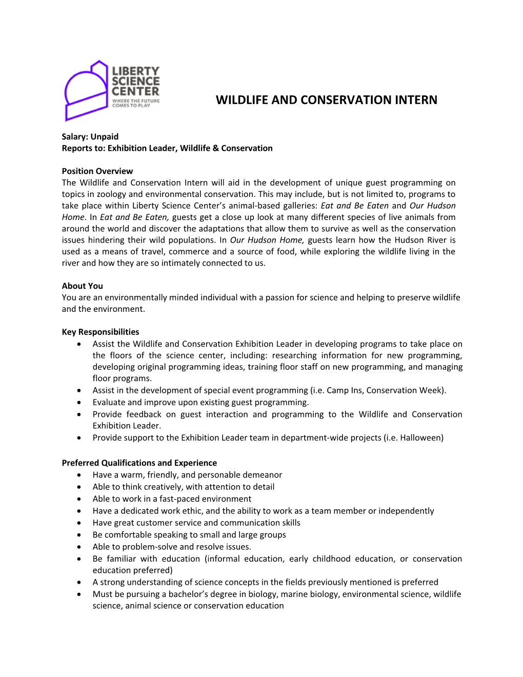 Wildlife and Conservation Intern