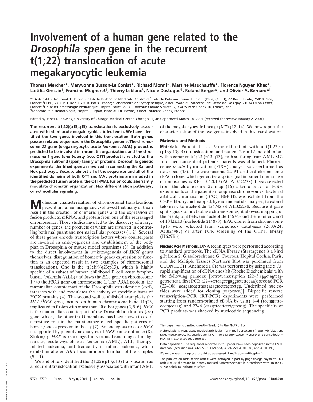 Involvement of a Human Gene Related to the Drosophila Spen Gene in the Recurrent T(1;22) Translocation of Acute Megakaryocytic Leukemia