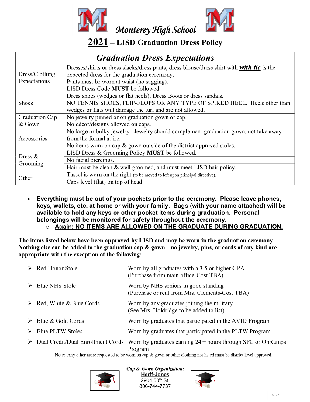 Monterey High School 2021 – LISD Graduation Dress Policy