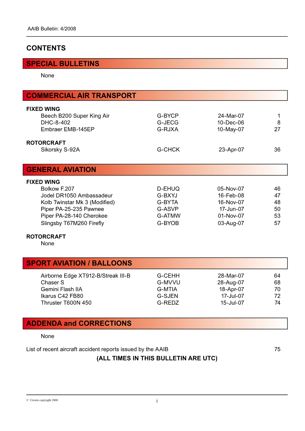 SPORT AVIATION / BALLOONS GENERAL AVIATION CONTENTS SPECIAL BULLETINS COMMERCIAL AIR TRANSPORT ADDENDA and CORRECTIONS